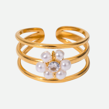 Rosalie – Three-Band Floral Ring with Pearl Flower