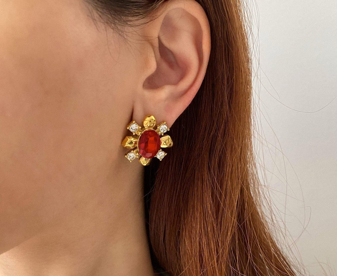 Sylvia – Bold Floral Earrings with Ruby