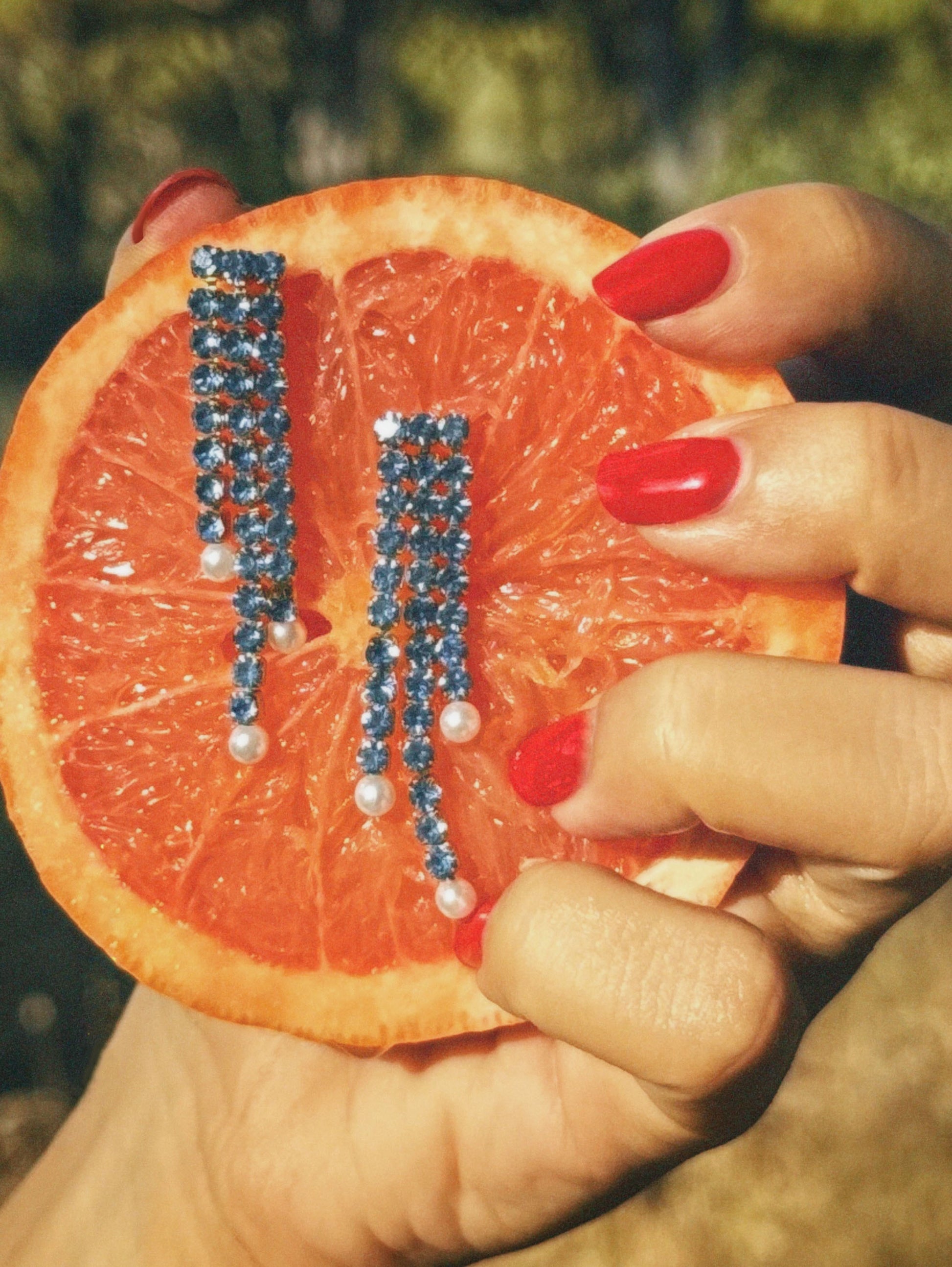 Long cascading and dangling 5 cm stainless steel earrings with blue crystals, rhinestones, and pearls, waterproof women’s statement jewelry Lebanon made for parties and celebrations