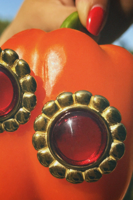 Waterproof 18K PVD gold-plated stainless steel floral stud earrings with semi-precious red stones, bold women’s jewelry Lebanon