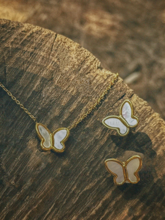 Waterproof 18K gold-plated butterfly necklace and stud earrings with natural white shell for women in Lebanon.