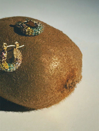 Waterproof 18K gold-plated hammered hoop earrings with multicolor zircon stones for women in Lebanon