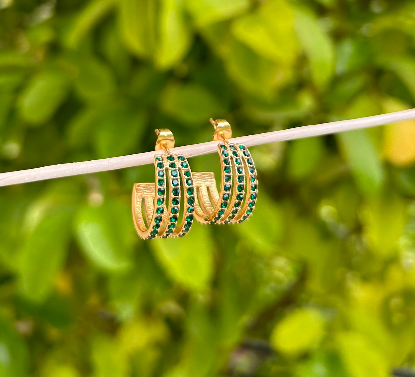 Amal – Triple Hoop Gold Earrings with Emerald Zircon